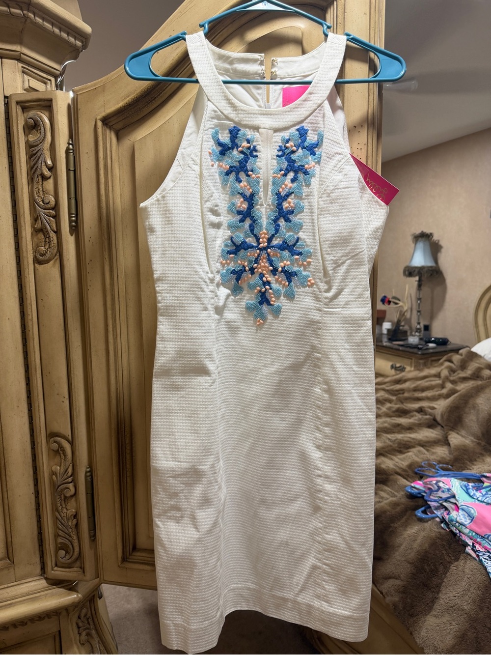 Lilly Pulitzer White Midi Dress with Blue & Peach Embroidery
